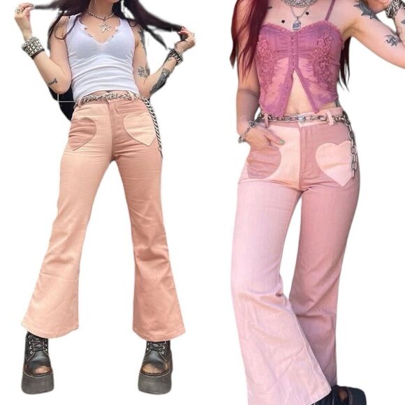 Tunnel Vision Marsha Flare Pants Heart Pockets 70s Twill Cotton Lightweight - Picture 1 of 12